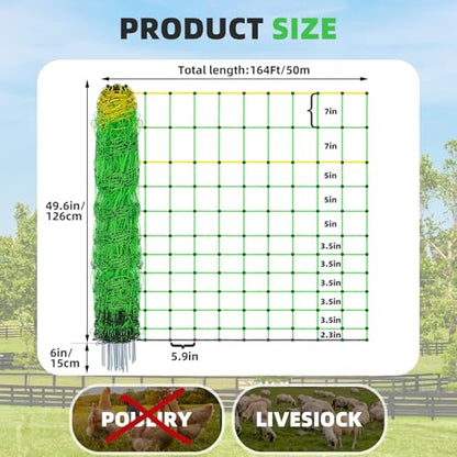 Electric Fence Netting,Livestock Neting,49.6" x 164' Portable Electric Net Fence for Goats,Sheep, Lambs,Hogs in Backyards,Farms,Ranches,Homesteads and Gardens,(14 Posts, 2 Spikes,Green) - size: 49.6" x 164'