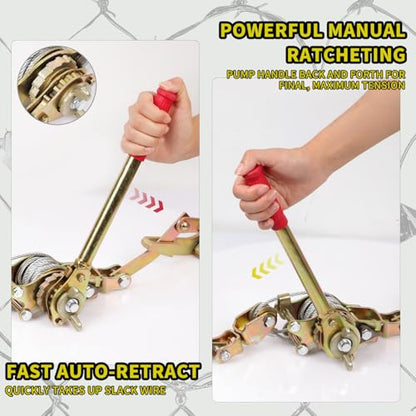 Upgraded Fence Wire Tensioner, Retractable Ratchet-Style Wire Tensioner and Tensioning Tool, Compatible with All Wire Types, 4,400 lbs Tensile Strength, Heavy-Duty Steel Construction