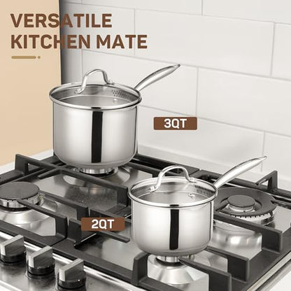Ciwete 3 Qt Stainless Steel Saucepan with Glass Strainer Lid, 3 Quart Pot Stainless Steel Sauce Pan with Pour Spout, Mirror Polishing, Compatible with All Cooktops Dishwasher Safe Oven Safe - size: 3 Quart (With Glass Strainer Lid)