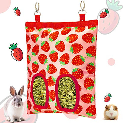 Rabbit Hay Feeder, Hanging Guinea Pig Hay Feeder Bag for Bunny Chinchilla Hamster with Back Hooks, 2 Holes, 9.8x11.4Inch - color: Strawberry