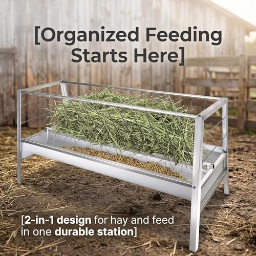 VOHALA 92 Gallon Hay and Grain Feeder for Goats, Galvanized Steel 2-in-1 Livestock Feeder with 37 Gallon Feed Pan, Heavy Duty Freestanding Hay Rack for Sheep, Easy Assembly for Outdoor Farm Use