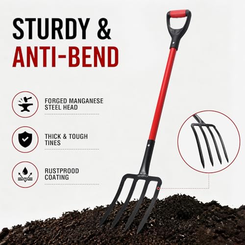 Heavy Duty Garden Fork, 4-Tine Digging Fork with Ergonomic Fiberglass Handle, Pitch Fork, 44 Inch Spading Fork for Compost, Mulch, Hay & Soil