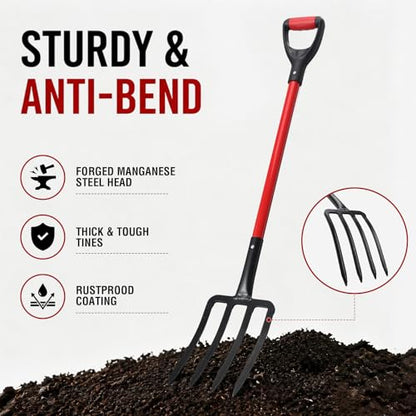 Heavy Duty Garden Fork, 4-Tine Digging Fork with Ergonomic Fiberglass Handle, Pitch Fork, 44 Inch Spading Fork for Compost, Mulch, Hay & Soil