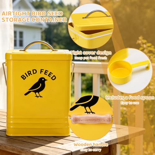 Bird Seed Storage Container, Airtight Metal Bird Food Canister Holds 5-6 LBS Wild Bird Feed, Metal Bird Feed Tin with Wooden Handle & Measuring Scoop, Dry Pet Snack & Grain Storage Bin - color: Yellow