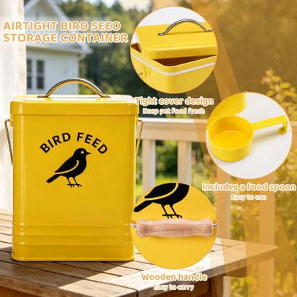 Bird Seed Storage Container, Airtight Metal Bird Food Canister Holds 5-6 LBS Wild Bird Feed, Metal Bird Feed Tin with Wooden Handle & Measuring Scoop, Dry Pet Snack & Grain Storage Bin - color: Yellow