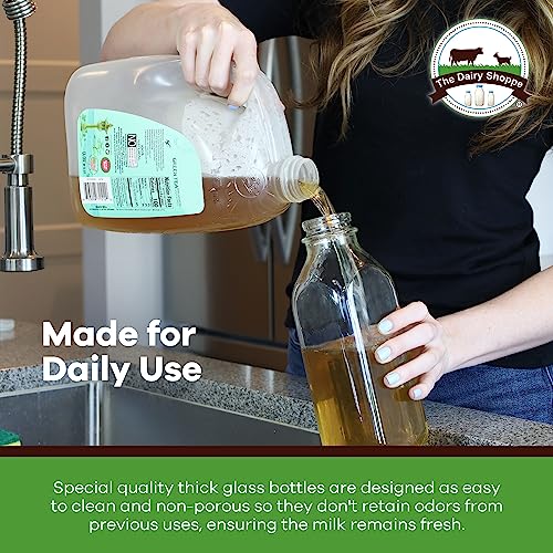 The Dairy Shoppe Heavy Glass Milk Bottles - Jugs with Extra Lids and a Silicone Pour Spout - Clear Milk Containers for Fridge - Reusable Glass Milk Jug Dispenser - Made in USA (33.8 oz, 2 Pack) - size: 33.8 Ounces