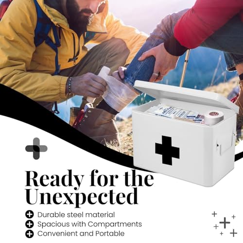 Flexzion Large Metal First Aid Box Empty, 13-Inch, White with Black Cross - color: White - Black Cross, size: 13 Inch without Latch Lock