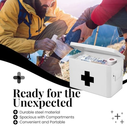 Flexzion Large Metal First Aid Box Empty, 13-Inch, White with Black Cross - color: White - Black Cross, size: 13 Inch without Latch Lock