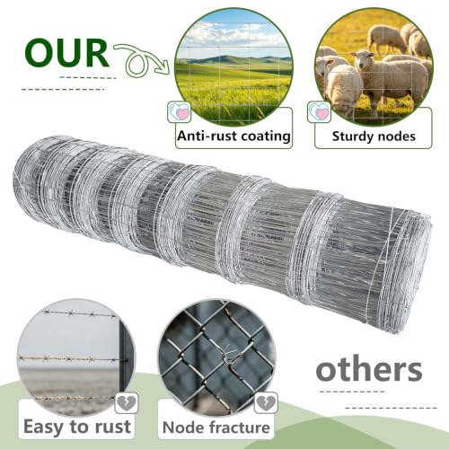 15-Gauge Galvanized Cattle Fence, Fixed-Knot Livestock Field Fence, Woven Wire Farm Fencing for Goat, Sheep, Deer, Hog and Horse - size: 5.9*164FT