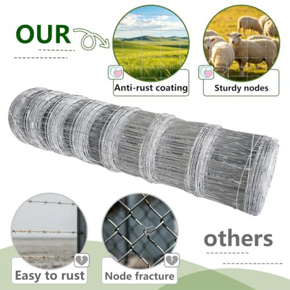 15-Gauge Galvanized Cattle Fence, Fixed-Knot Livestock Field Fence, Woven Wire Farm Fencing for Goat, Sheep, Deer, Hog and Horse - size: 5.9*328FT