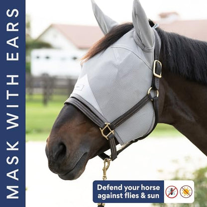 Horse Fly Mask with Ears - Built-in Visor - Breathable, Lightweight Mask - 95% UV Eye Protection - Adjustable Fit for Comfort Horse Medium/Large Size