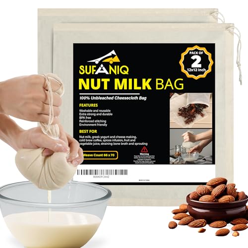 SUFANIQ Nut Milk Bag - 2 Bags (12 x 12 Inch) 100% Unbleached Cotton Cheese Cloth Bag for Straining, Premium Nut Milk Bag Reusable, Nut Bag Strainer for Almond, Soy, Oat Milk, Juices, Cheese Making - size: 12x12 / 2 pieces