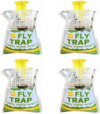 Fly Traps Outdoor 4 Pack, Pre-Baited Hanging Fly Catcher Bags, Fast Acting Non-Toxic Disposable Flies Killer for Outside Trash Areas,Horse Ranch,Barns,Stables,Yard,Patio,Farm & Heavy Fly Control.