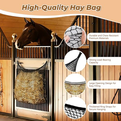 2 PCS Slow Feed Hay Net for Horses, Large Capacity Hay Bags with 4 Carabiner Clips and Gloves, Heavy Duty Slow Feeder for Horse Goat Sheep, Full Day Feeding for Stall Trailer, Black, 35 x 31 Inch