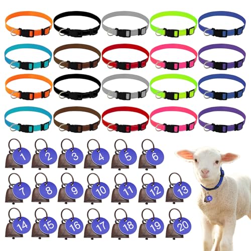 20 Sets Reflective Goat Collars with Bells and Number Tag, Adjustable Nylon Sheep Collar with Quick Release Buckle Anti Lost Pet Collar for Small Farm Animal Goat Sheep