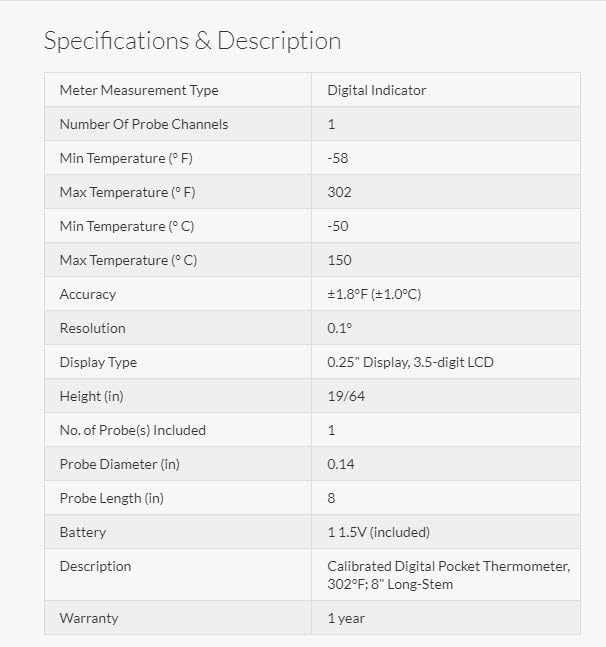 Traceable Digital Pocket Thermometer with Calibration, 302°F; 8" Long-Stem