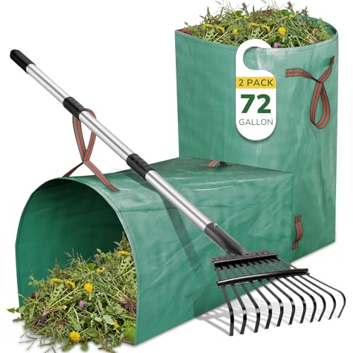 GreatBuddy Leaf Rake and Leaf Bags Combo, Adjustable Metal Garden Rake 29''-72'' 11Tines, 2 Pack 72 Gallon Reusable Yard Waste Bags, Heavy Duty Lawn Rake with Dustpan Leaf Collector for Yard Cleanup - size: 11 tines & 72 gal 2 packs