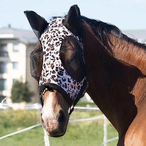Harrison Howard Super Comfort Stretchy Fly Mask Large Eye Space with UV Protection Soft on Skin with Breathability Leopard Print M Cob - color: Leopard Print, size: Cob (Medium)