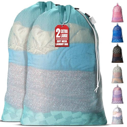 Handy Laundry Mesh XL Laundry Bag 24"x36" 2-Pack with Shoulder Strap, Teal | 2-Pack, XL 24x36 Mesh Laundry Bag, Handles & Shoulder Strap, Breathable, Machine Washable, Dorm Travel Bedding, Teal - color: Teal, size: 2-Pack