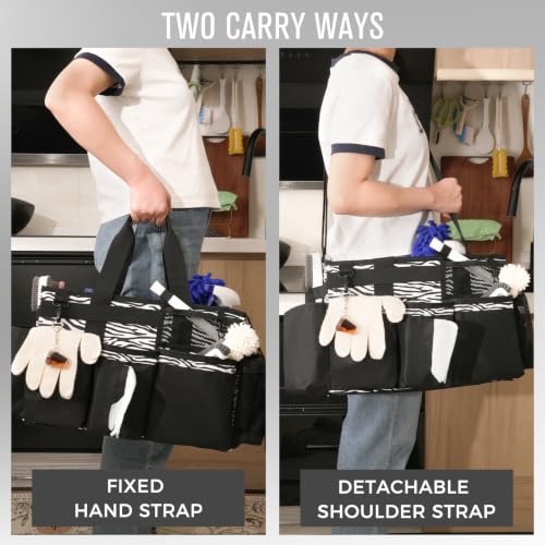 SCAVATA Wearable Cleaning Caddy, Cleaning Caddy Supplies Organizer with Handle & Shoulder Straps for Housekeepers, Under Sink & Car Cleaning Tool Organizers Bag with 4 Foldable Divider (ZebraStripe) - color: ZebraStripe