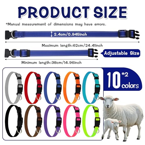 20 Sets Reflective Goat Collars with Bells and Number Tag, Adjustable Nylon Sheep Collar with Quick Release Buckle Anti Lost Pet Collar for Small Farm Animal Goat Sheep