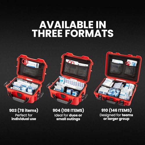 NANUK 904 Waterproof First Aid Kit 110pcs – Durable, Pre-Stocked First Aid Emergency Kit with Bandages, Tick Removal Tool, and More – Dustproof, Impact-Resistant, Floats (10.2" x 7.9" x 4.5") – Red