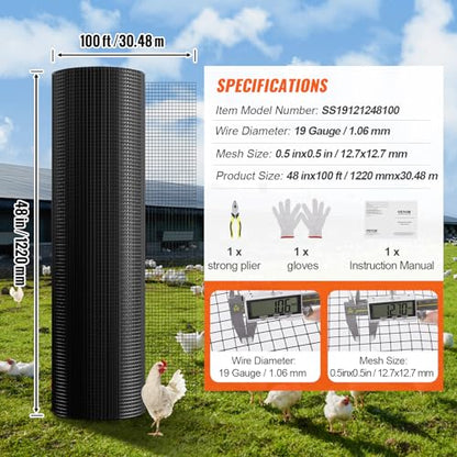 VEVOR Hardware Cloth, 48'' x 100' 1/2inch Galvanized Wire Mesh Roll, 19 Gauge Chicken Wire Fencing Roll, Vinyl Coating Metal Wire Mesh for Chicken Coop Barrier, Rabbit Snake Fences, Poultry Enclosures - size: 1/2inch 48'' x 100'