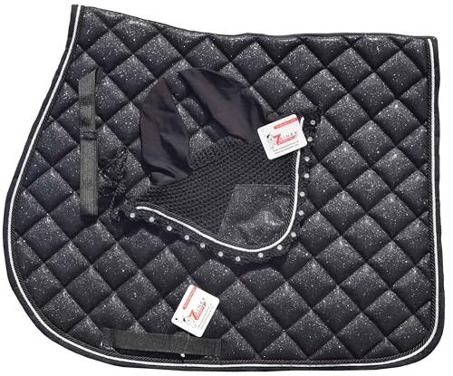 Black Glitter Saddle Pad Set Matching Ear Bonnet | Equestrian Show Gear | Horse Riding Matchy Set | Dressage or Jumping/Hunter - size: Cob