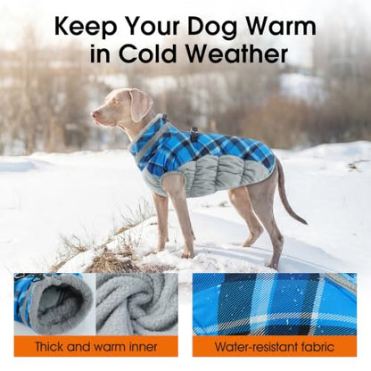Lelepet Dog Winter Coat Waterproof Small Dog Coat with Harness Built in - color: Blue Plaid, size: X-Small