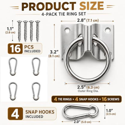 4pcs Horse Tie Rings with Snap Hooks and Screws for Barn Stall Trailer | Complete 4-ring set with 4 snap hooks and 16 screws for horse stalls, barns, trailers, hay nets, buckets and lead ropes