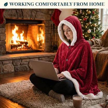 PAVILIA Hooded Blanket Poncho for Women, Fleece Wearable Shawl Wrap, Red | Fleece Shawl Wrap with Hood, Adult Wearable Blanket, Cozy Warm Poncho Cape Throw with Pockets, Gift for Elderly Mom - color: Wine