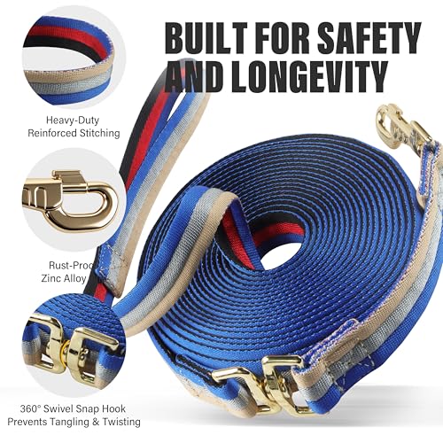 26FT Horse & Dog Training Leash - Lunge Line with 360° Swivel Snaps - color: Royal Blue/Red/Black