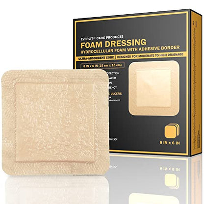 EVERLIT Care Silicone Foam Dressing with Adhesive Border | Highly Absorbent Hypoallergenic Bandages for Chronic Wounds, Bed Sores, Pressure Ulcers | Gentle & Secure Adhesion (6" x 6" | 5 Pack) - size: 6" x 6" | 5 Pack