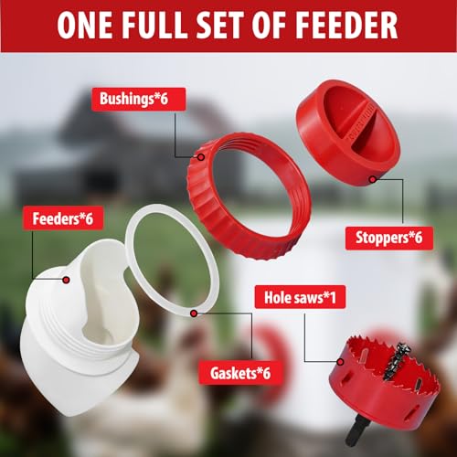 6PACK No Waste Chicken Feeder Ports, Chicken Feeder Cups for Bucket - size: 6 port with holesaw