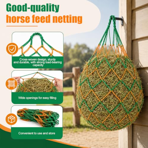 Penitue 4pcs Large Capacity Hay Nets, 94cm/37in Long with 6.5cm/2.56in Holes Durable Hanging Slow Feed Mesh Hay Bag for Horses Sheep Stable, Trailer & Pasture (2 Colors)