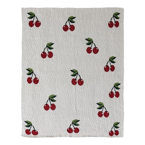 Creative Co-Op Cotton Knit Baby Blanket with Cherry Print, Cream with Red and Green - color: Cherries, size: 40" L x 32" W