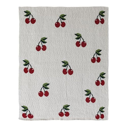 Creative Co-Op Cotton Knit Baby Blanket with Cherry Print, Cream with Red and Green - color: Cherries, size: 40" L x 32" W