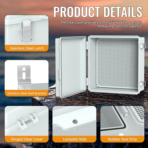 Joinfworld Outdoor Waterproof Electrical Box 13x13x5 | IP67 water&UV proof box, 304 stainless latch, durable plastic, plate&rail, wall/freestand for marine, solar, Starlink & more - size: 13“x13"x5.1"