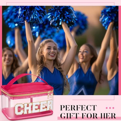 Geetery Medicine Pill Bag Clear Cosmetic Makeup Bag with Zipper Hot Pink | Transparent PVC with Nylon Trim, Chenille Cheer Patch, Portable Travel Organizer for Pills Cosmetics, Gold Zipper - color: Hot Pink, style: Cheer