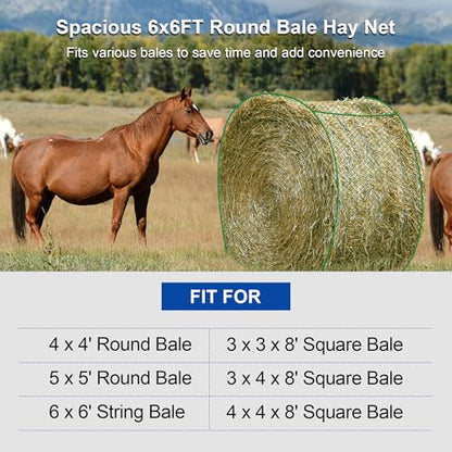 Large 6x6 FT Round Bale Hay Net- Knotless Slow Feeder Net for Horses - style: 6*6Ft(Green)