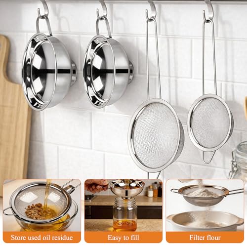 Supkiir 4 Pcs Stainless Steel Funnels with Fine Mesh Strainer, 1.4 Inch/2.1 Inch Stainless Steel Funnel for Kitchen Use, Wide & Narrow Mouth Canning Funnels Set for Spices Juices Powders Coffee Beans