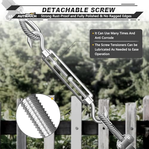 AUTMATCH M5 Hook&Hook Turnbuckle - 304 Stainless Steel Wire Rope Tensioner | Adjustable Turnbuckle for Cable Railing, Fence & Shade Sail Hardware, Wire Rope Tension Kit, 6-Pack, Silver - color: Silver Tone - Hook & Hook, size: M5