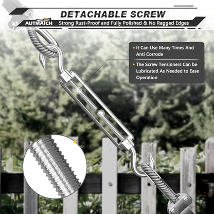 AUTMATCH M5 Hook&Hook Turnbuckle - 304 Stainless Steel Wire Rope Tensioner | Adjustable Turnbuckle for Cable Railing, Fence & Shade Sail Hardware, Wire Rope Tension Kit, 6-Pack, Silver - color: Silver Tone - Hook & Hook, size: M5