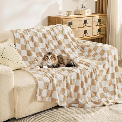 EMME Checkered Blanket Twin Size - 60"x80" Beige Knit Blanket Soft Fluffy Patterned Throw Blankets for Couch, Sofa, Chair, Bed, Camping, Picnic, Travel - color: 21-checkered Beige, size: Twin