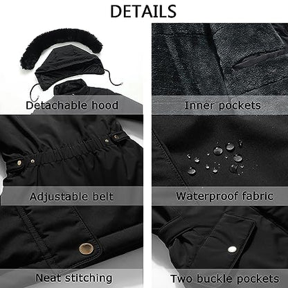 MOERDENG Women's Long Winter Down Coat Thicken Fleece Lined Puffer Jacket | Faux Fur Detachable Hood Parka Warm,Waterproof and Windproof Overcoat - color: Black, size: X-Large