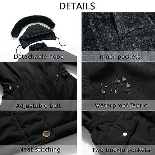 MOERDENG Women's Long Winter Down Coat Thicken Fleece Lined Puffer Jacket | Faux Fur Detachable Hood Parka Warm,Waterproof and Windproof Overcoat - color: Black, size: Small