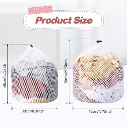 2pcs Mesh Laundry Bags for Socks, Machine Washable Drawstring Design Travel Mesh Laundry Wash Bags White Drawstring Garment Bags for Laundry Storage for Home Dorm Hotel Travel Use,12x16inch, 16x20inch