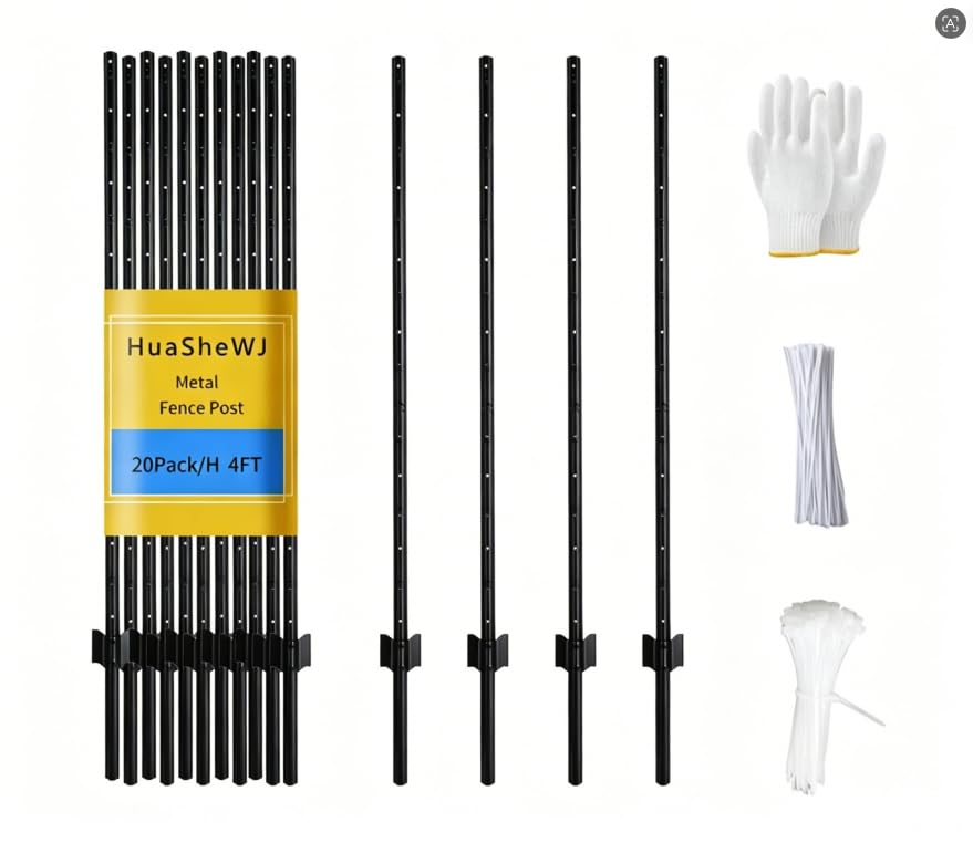 Metal Fence Post 4 Feet Black Pack of 20 U Post for Wire Fence - color: Black 20pcs, size: 4 ft.