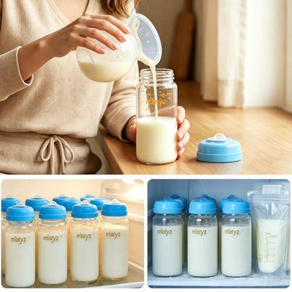 Matyz Glass Breastmilk Storage Set, 4 Pack 10oz, Compatible with Spectra Medela Philips Avent Pumps, Wide-Mouth Leakproof Containers for Freezing & Feeding, BPA-Free (Blue Lids) - color: [4 Pack] Blue Lids - 10 Ounce Borosilicate GLASS Bottle