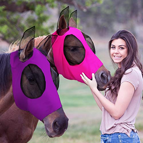 Weewooday 2 Pcs Horse Fly Mask with Ears, Soft Stretchy Horses Face Masks for Flies, Breathable Mesh Eye Cover, UV Protection Horse Masks for Pasture, Barn, Turnout(L,Purple, Pink) - color: Purple, Pink, size: L